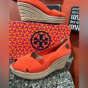 Tory Burch Red Flipa Wedge Espadrile Canvas